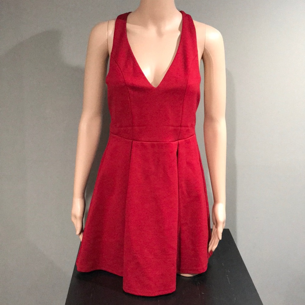 Red low V neck dress